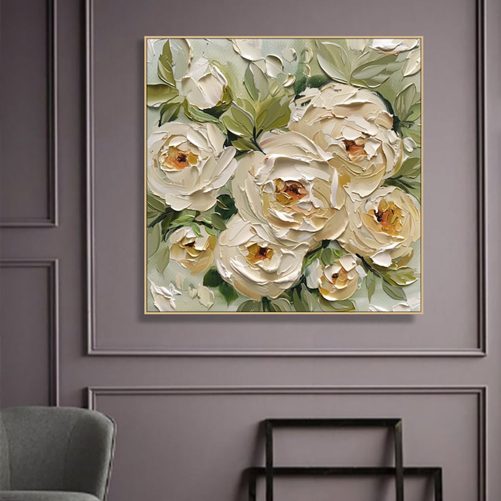 Floral painting on a gray wall with a chair and coat rack in the foreground