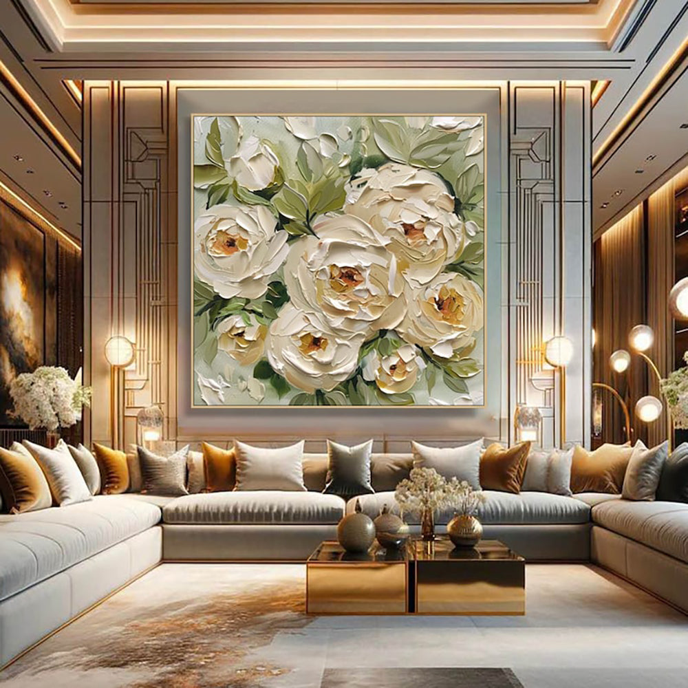 Luxurious living room with a large floral painting on the wall.