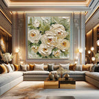 Luxurious living room with a large floral painting on the wall.