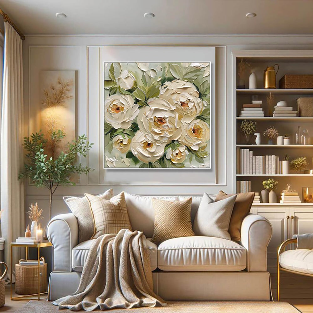 Living room with a floral painting above a beige sofa