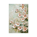 Floral painting with soft pink and white flowers on a light green background