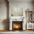 Living room with a fireplace, floral artwork, and decorative shelves.