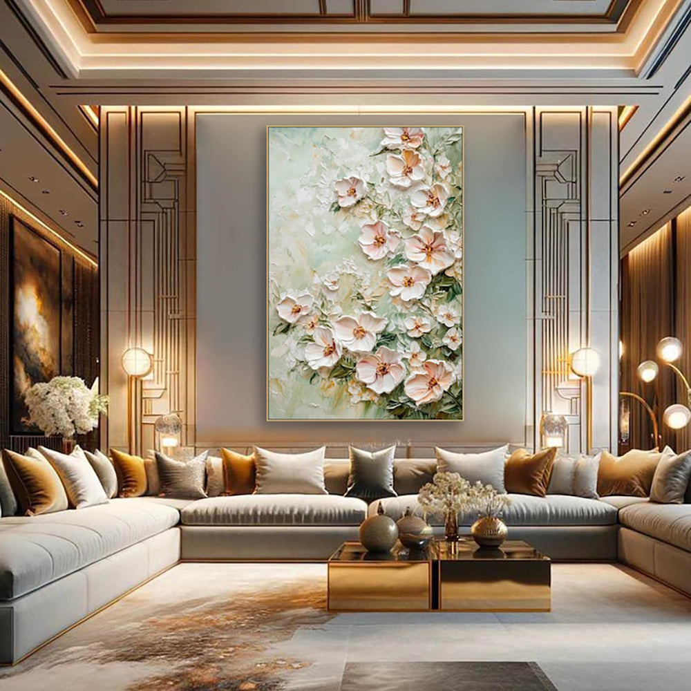 Luxurious living room with floral artwork on the wall
