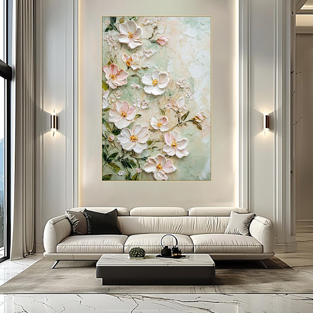 Floral painting above a white sofa in a modern living room