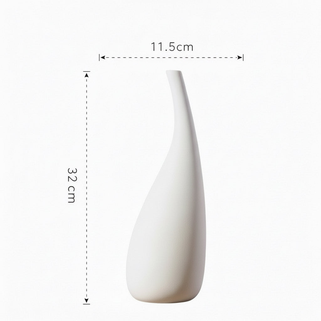 White vase with dimensions indicated on a white background