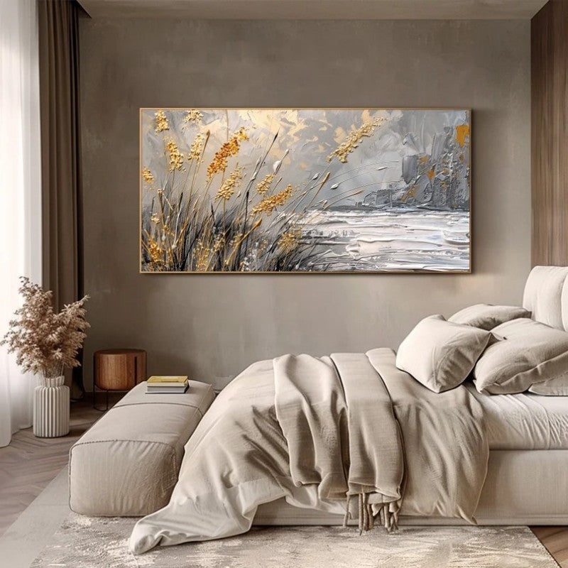 Modern bedroom with a large abstract painting on the wall