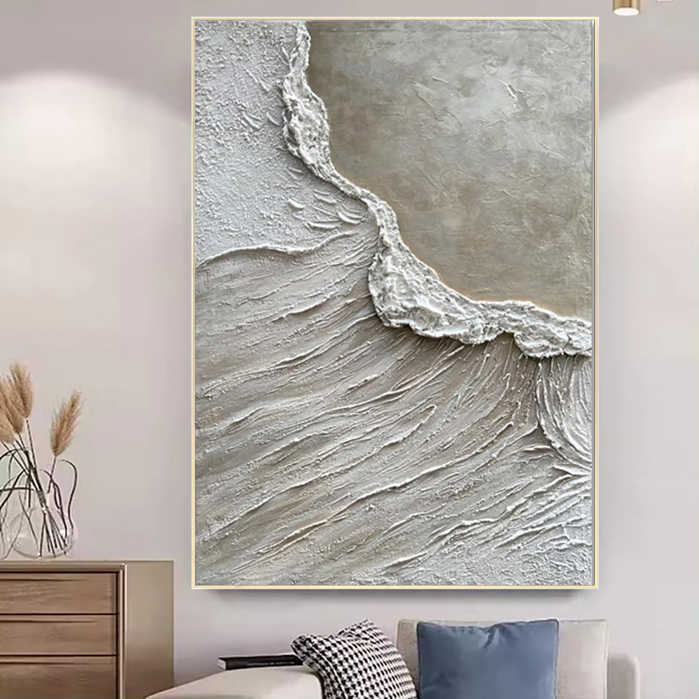 Abstract wall art of wavy lines in neutral colors on a plain background