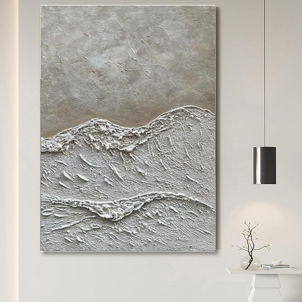 Abstract textured wall art piece on a white wall