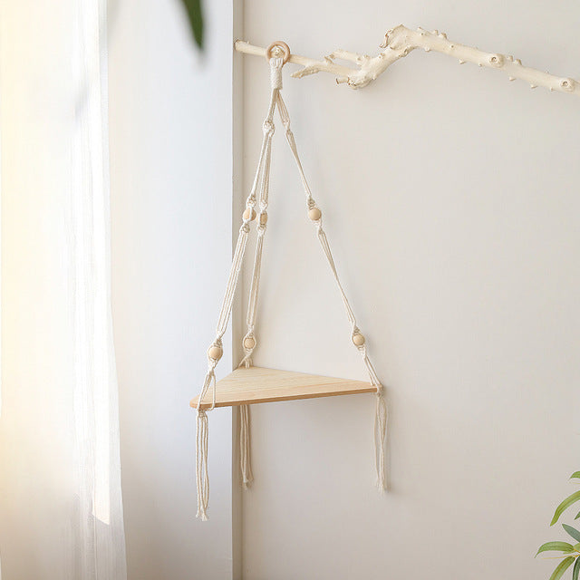 Bohemian Wall Hanging Shelf – Natural Wood & Cotton Rope