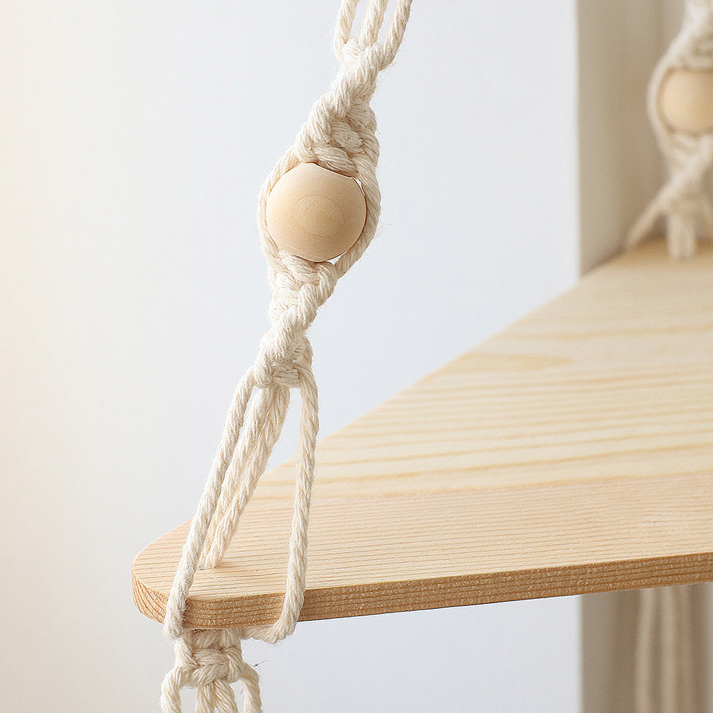 Bohemian Wall Hanging Shelf – Natural Wood & Cotton Rope